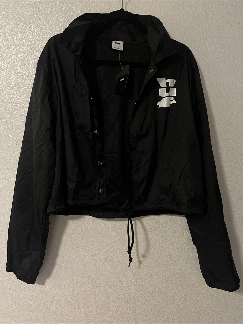 HUF Black Hooded Cropped Bomber Jacket with White Logo